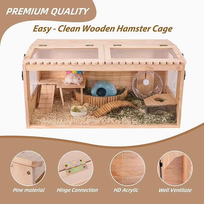 Wooden Hamster Cages and Habitats, 40" Guinea Pig Cage, Small Animal Cage for Dwarf Syrian Hamsters Degus Mice & Other Small Pets. Big Hamster Habitat with 2 Openable Door 40"x20"x20"