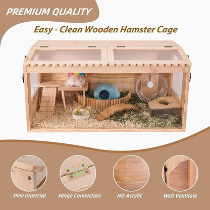 Wooden Hamster Cages and Habitats, 40" Guinea Pig Cage, Small Animal Cage for Dwarf Syrian Hamsters Degus Mice & Other Small Pets. Big Hamster Habitat with 2 Openable Door 40"x20"x20"