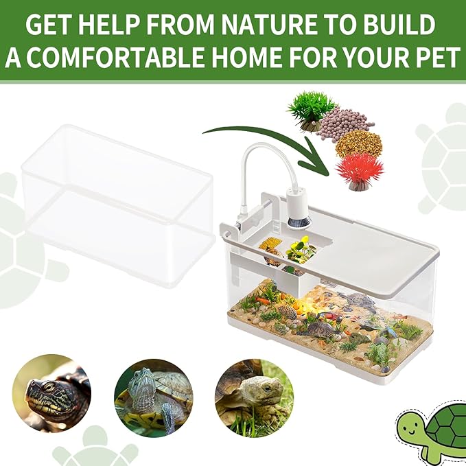 (Tank + Light + Filter + Filter Balls) Turtle Tank Kit, Turtle Tank Starter Kit,Bottom Drainage, Multi-Function Areas for Turtles, Crabs,Fishes, Amphibians,Reptiles. (21.65 × 12.28 × 12.28 Inch)