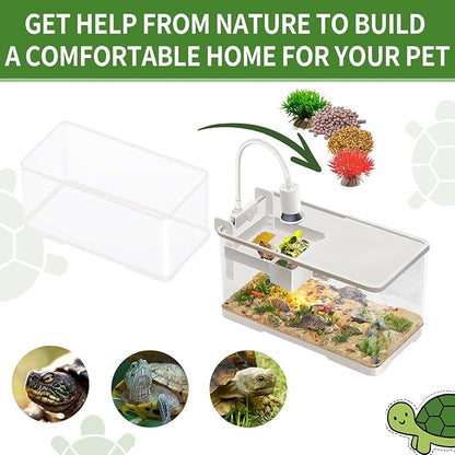 (Tank + Light + Filter + Filter Balls) Turtle Tank Kit, Turtle Tank Starter Kit,Bottom Drainage, Multi-Function Areas for Turtles, Crabs,Fishes, Amphibians,Reptiles. (21.65 × 12.28 × 12.28 Inch)