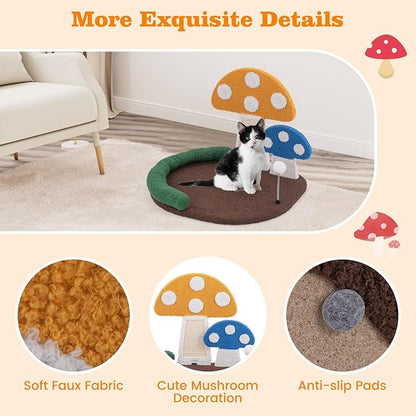 Tangkula Mushroom Cat Bed, Cat Claw Scratcher with Wide Large Platform, Sisal Scratching Panel, Spring Ball, PP Cotton Padded Headrest, Cat Tree House with Interactive Toys for Kittens