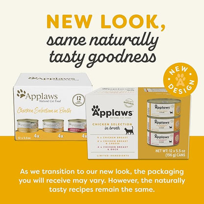Applaws Natural Wet Cat Food in Broth, Limited and Natural Ingredients, High Protein with No Artificial Additives, Chicken Selection Variety Pack in Broth (12 x 5.5oz Cans)