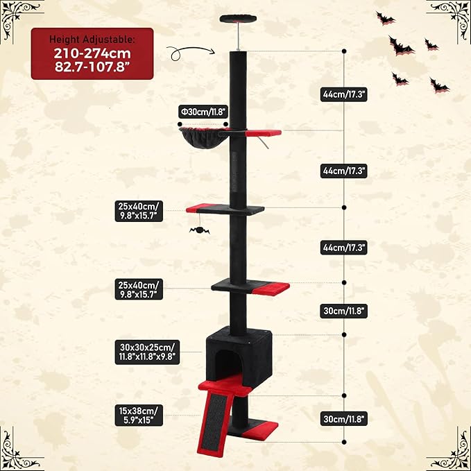 PEQULTI Gothic Cat Tree Floor to Ceiling, Tall Cat Tower, Adjustable Height (83''-108'') 5 Tiers Climbing Tree for Indoor Cats with Cat Condo, Scratching Post and Ladder, Black