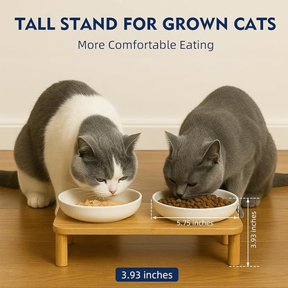 Elevated Cat Bowls for Indoor Cats – Raised Bamboo Cat Food Table with 2 Ceramic Dishes, Adjustable Height (4.25"/3.07"), Whisker Friendly Feeding Station