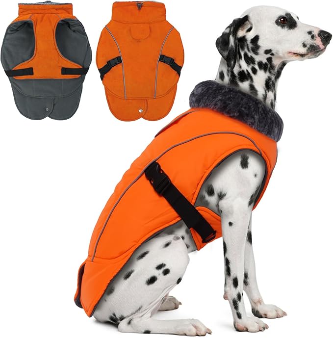 DENTRUN Extra Large Warm Dog Jacket - Windproof Water Repellent Reflective Coat, Adjustable Plush Turtleneck, Easy Wear Fleece Lined Cold Weather Vest for Great Dane, Orange, XXXL