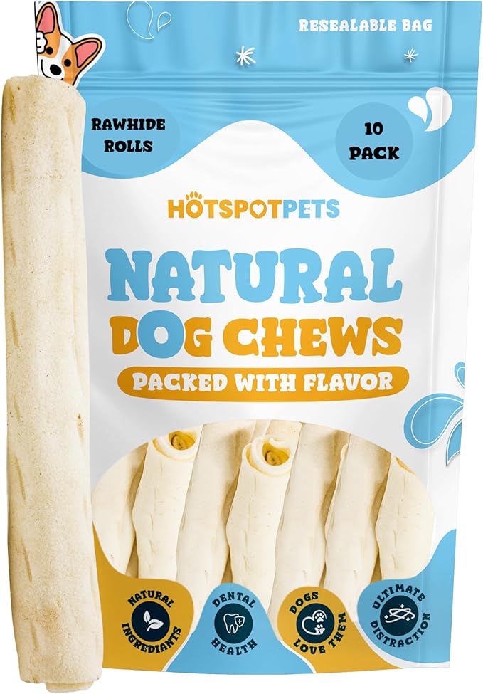 hotspot pets 8-9 Inch Large Rawhide Dog Chew Rolls (10 Pack) - Made from Grass Fed Cows - Great for Dental & Oral Care for Aggressive Chewers Large Dogs