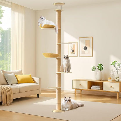 Tinnmao Solid Wood Floor to Ceiling Cat Tree, 6 Level Adjustable Height (7.4-8.8 ft) Tall, Modern Climbing Tower for Indoor Cats Large Adult with Thickened Wooden Sisal Scratching Posts & Cozy Bed