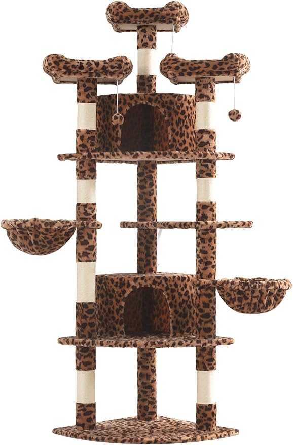 SHA CERLIN 73in Fan-Shaped Corner Cat Tower for Save Space/Multi-Level Tall Cat Tree for Indoor Kitties/Condo with Baskets/Cozy Perches/Sisal Scratching Posts/Pet Activity House/Leopard Print
