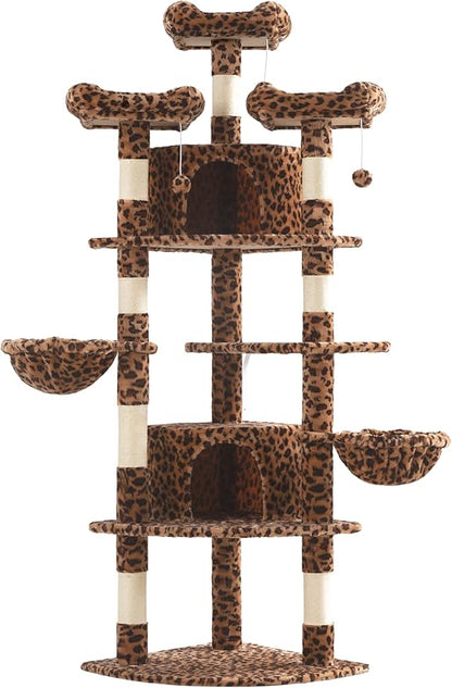 SHA CERLIN 73in Fan-Shaped Corner Cat Tower for Save Space/Multi-Level Tall Cat Tree for Indoor Kitties/Condo with Baskets/Cozy Perches/Sisal Scratching Posts/Pet Activity House/Leopard Print