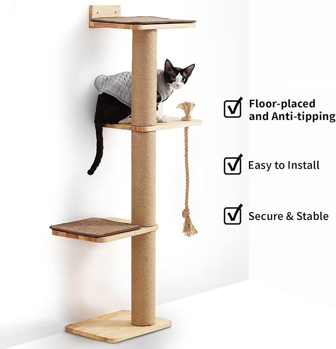 FUKUMARU Cat Scratching Activity Tree Wall Mounted, 50 Inch Cats Scratch Post, with Kitten Bed, Rubber Wood Scratcher Posts, Large