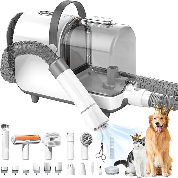 Bunfly Dog Grooming Kit,13000Pa Strong Grooming & Vacuum Suction 99.99% Pet Hair, 16 Pet Grooming Tools for Dogs Cats, 3L Large Capacity Dust Cup, Quiet Pet Vacuum Groomer (Silver & White)