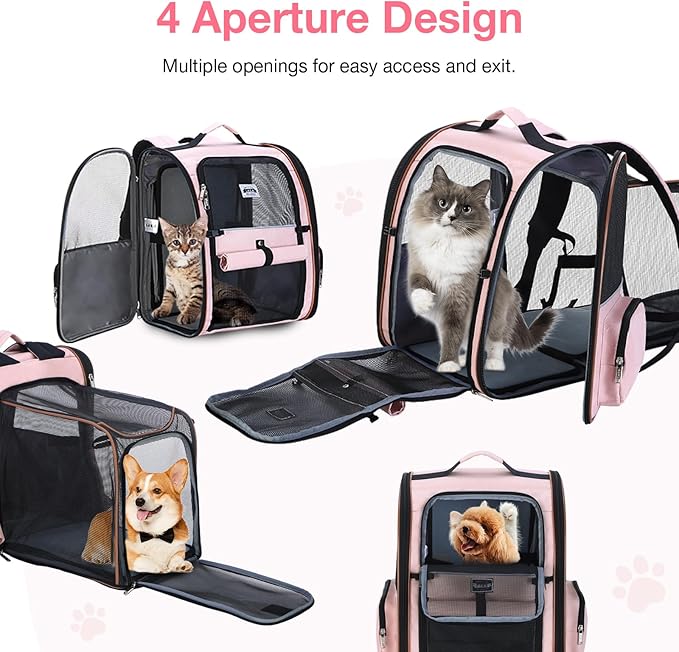 Lekebobor Large Cat Backpack Carrier Expandable Foldable Pet Carrier Backpack for Small Dogs Puppy Medium Cats Fit Up to 18 Lbs for Travel, Hiking,Pink XL Size