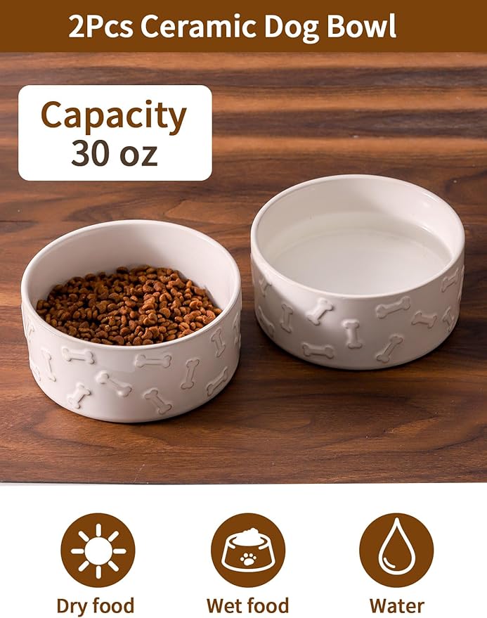 UBEE Ceramic Dog Food Bowl Set of 2, 6.1 inch Dog Bowls Dish with Bone Pattern, Pet Food Water Dish Feeding for Small and Medium Dogs and Large Cat, White
