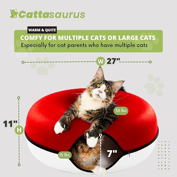 Cattasaurus Peekaboo Cat Cave, Extra Spacious for Multiple & Large Cats 12+ lbs, Scratch Detachable Cat Beds for Indoor Cats, Washable Tunnel Bed, Comfy Donut Tunnel (Ruby Snowball, Jumbo)