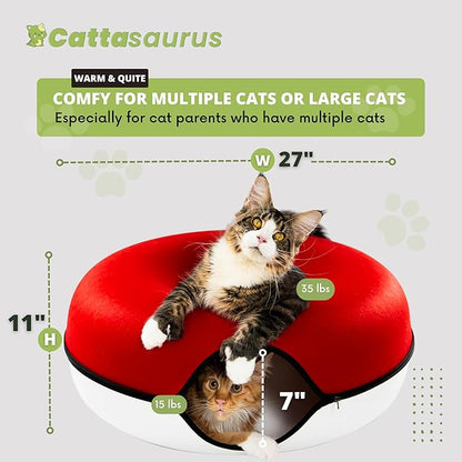 Cattasaurus Peekaboo Cat Cave, Extra Spacious for Multiple & Large Cats 12+ lbs, Scratch Detachable Cat Beds for Indoor Cats, Washable Tunnel Bed, Comfy Donut Tunnel (Ruby Snowball, Jumbo)