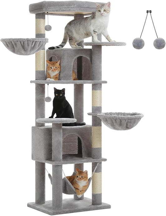 Tall Cat Tree for Indoor Cats Large Adult, 71.2" Multi-Level Cat Tower with 2 Spacious Condos, 3 Hammocks, Super Large Top Perch, 2 Pompoms, Grey