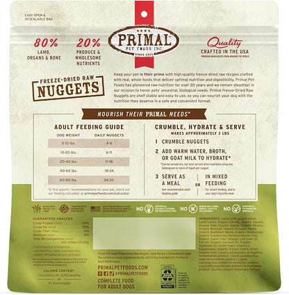 Primal Freeze Dried Raw Dog Food Nuggets, Lamb, Complete & Balanced Meal, Also Use as Topper or Treat, Premium, Healthy, Grain Free, High Protein Raw Dog Food, 14 oz (Pack of 4)