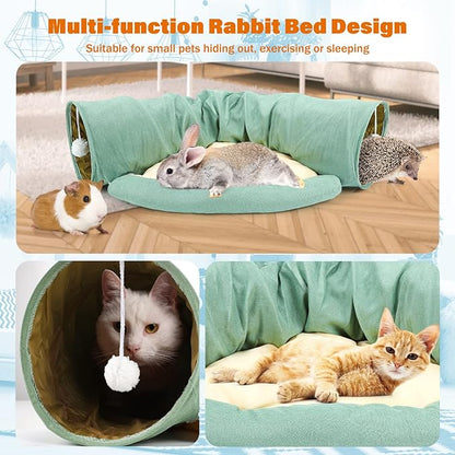BWOGUE Bunny Tunnel Bed, 2-in-1 Collapsible Tunnel Tubes Toys with Removable Mat Hideout for Cats Kittens Rabbits Guinea Pigs Kitty