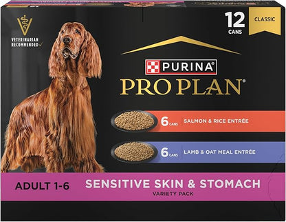 Purina Pro Plan Sensitive Skin and Stomach Wet Dog Food, Salmon and Rice and Lamb and Oat Meal Variety Pack - (Pack of 12) 13 oz. Cans