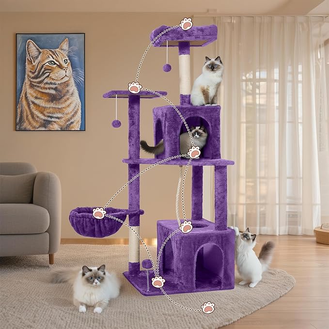 Cat Tree, 54-Inch Cat Tower for Indoor Cats,Plush Multi-Level Cat Condo with Scratching Posts, Basket, Perches,2 Caves,2 Pompoms(Purple)