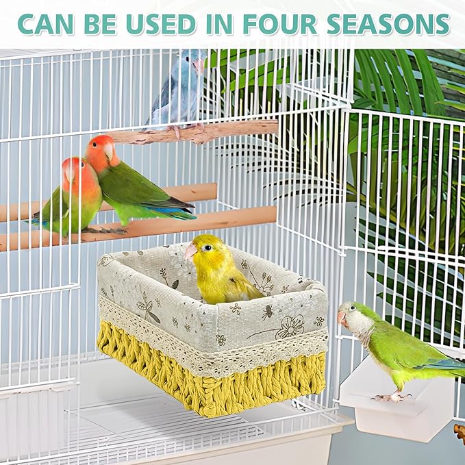 kathson Bird Nest Parrot House Birds Sleeping Bed Straw Weave All Season Hanging Hammock Bird Bed Snuggle Hut Birdcage Accessories for Parakeets Budgies Cockatiels Conures Quaker Parrot(Yellow)