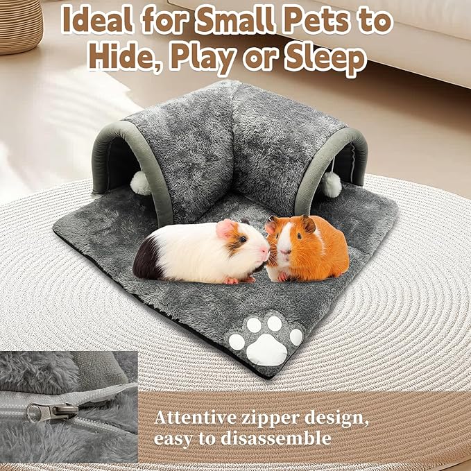 PINVNBY Guinea Pig Hideout Tunnel with Removable Base & 2 Liners and Washable Soft Rabbit Bed & Small Animal Tunnel Tube Cage Accessories for Chinchillas, Hamsters, Ferrets, Bunny（Grey）