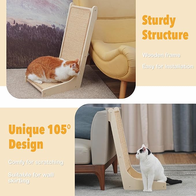 105° Cat Scratcher, L-Shaped Sisal Cat Scratching Pad for Indoor Cats, Floor-Mounted Scratch Board with Catnip & Interactive Mouse Toy