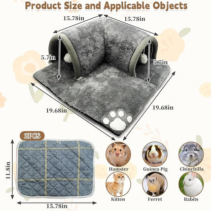 PINVNBY Guinea Pig Hideout Tunnel with Removable Base & 2 Liners and Washable Soft Rabbit Bed & Small Animal Tunnel Tube Cage Accessories for Chinchillas, Hamsters, Ferrets, Bunny（Grey）