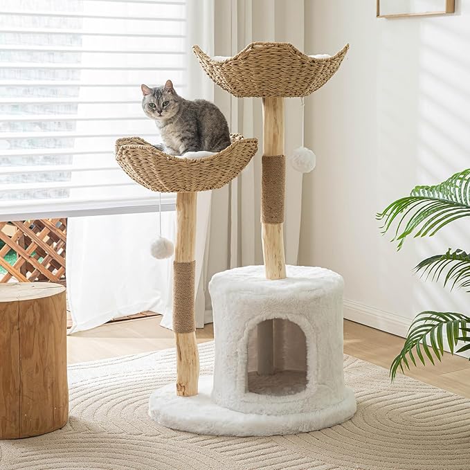 Vannokor Modern Cat Tree, Cat Tree Tower with Sisal Scratching Post, Boho Cat Condo for Indoor Cats, 46''H, White