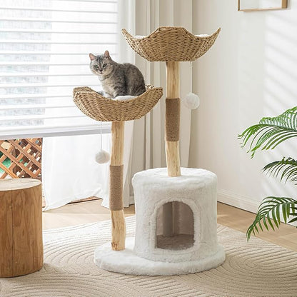 Vannokor Modern Cat Tree, Cat Tree Tower with Sisal Scratching Post, Boho Cat Condo for Indoor Cats, 46''H, White