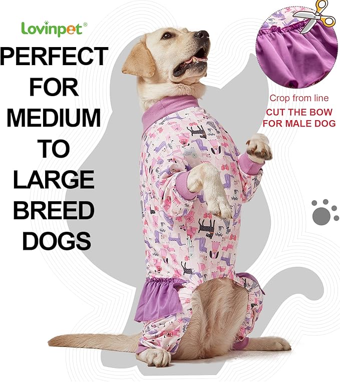 LovinPet Long Sleeve Onesie for Large Dogs, High Collar Cotton Dog Shirt, Anti-Shedding, Lightweight Stretchy Knit, Stop Shedding for Dogs, Pink Puppy Print, Shirt for Under Dog Dresses, Pet PJ's, L