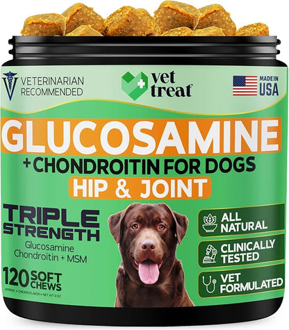 Vet TREAT'S Glucosamine for Dogs – Hip & Joint Supplement with Chondroitin, MSM, Turmeric, Hemp Oil & Green Lipped Mussel – Arthritis Pain Relief, Mobility Support – Vet Formulated, USA – 120 Chews