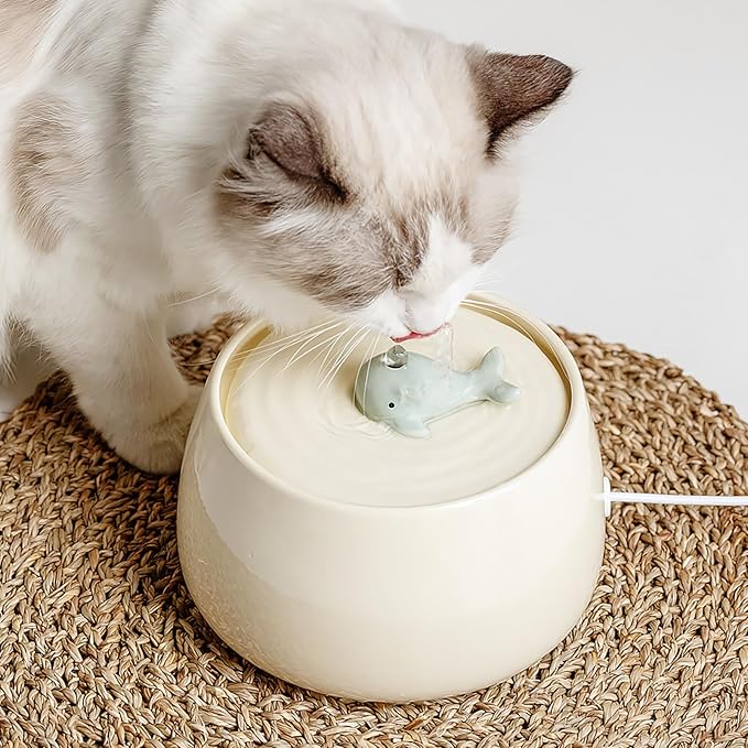 SPUNKYJUNKY Cat Water Fountain Ceramics Pet Drinking Fountain 43.96oz/1.3L Quiet Cats Water Bowl Dispenser with 3 Replaceable Filters