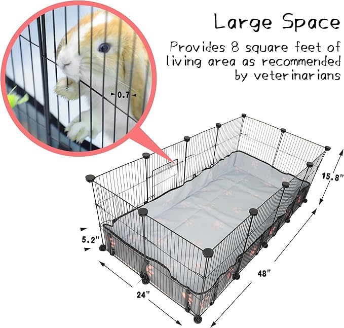 CHEGRON Guinea Pig Cages 8 Sq Ft Expandable C&C Cage Habitats for 2 Small Animal Pet Playpen Metal Grids Indoor Rabbit Fence Hedgehog Cage with PVC Bottom, 48 x 24 x 15.7 inch, 12 Panels