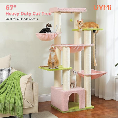 Pink 67" Heavy Duty Cat Tree for Indoor Cats Large Adult, XXL Cat Tower with 13 Thick Scratching Posts (φ4.3), Large Perch, Spacious Condo & Big Hammock - for Maine Coon up to 20 lbs