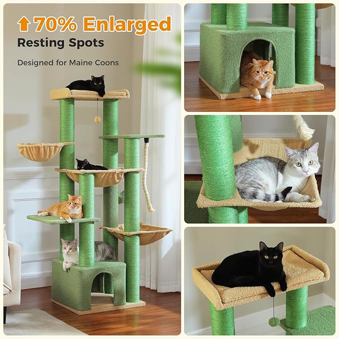 XXL Cactus Cat Tree, 67" Heavy Duty Cat Tower for Indoor Cats Large Adult with 13 Thick Scratching Posts (φ4.3), Large Perch, Spacious Condo & Big Hammock - for Maine Coon up to 20 lbs, Green