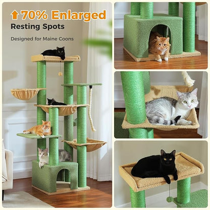 XXL Cactus Cat Tree, 67" Heavy Duty Cat Tower for Indoor Cats Large Adult with 13 Thick Scratching Posts (φ4.3), Large Perch, Spacious Condo & Big Hammock - for Maine Coon up to 20 lbs, Green