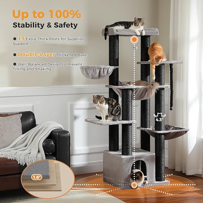 XXL Cat Tree, 67" Heavy Duty Cat Tower for Indoor Cats Large Adult with 13 Thick Scratching Posts (φ4.3), Large Perch, Spacious Condo, Hammock - for Maine Coon up to 20 lbs, Black
