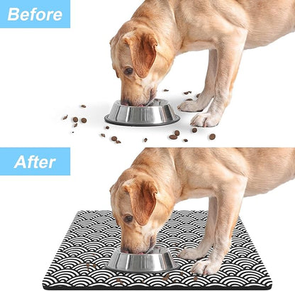 Rnivvi Dog Food Mat, 16" x 24" Absorbent Dog Cat Bowl Mat for Food and Water, Cute Anti-Slip Rubber Pet Feeding Rug Protect Floors, Puppy Placemat for Feeding & Watering Supplies,Gray Rounded Wave