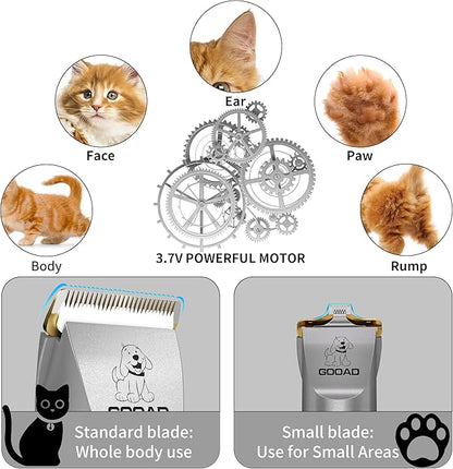 Goood Cat Clippers - Cordless, Low Noise, Quiet Grooming Kit for Matted & Long Hair, Paw Trimmer for Cats & Dogs (Gray)
