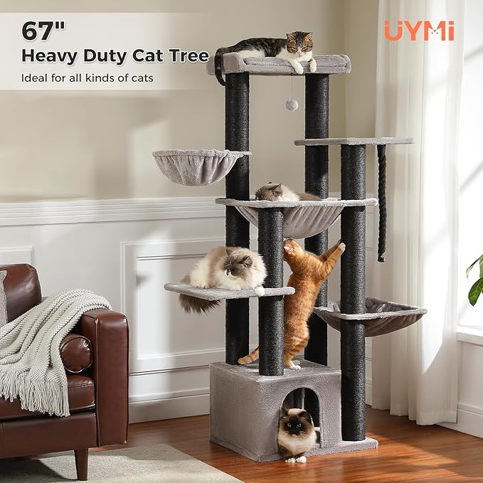 XXL Cat Tree, 67" Heavy Duty Cat Tower for Indoor Cats Large Adult with 13 Thick Scratching Posts (φ4.3), Large Perch, Spacious Condo, Hammock - for Maine Coon up to 20 lbs, Black