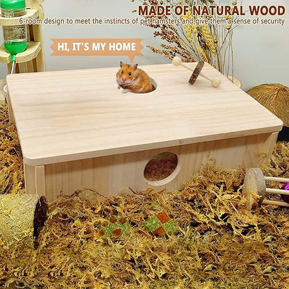Multi Chamber Hamster House,Wooden Guinea Pig Maze Hideout Hut Interesting Multi-Room Tunnel Exploring Toys Hamsters Accessories for Guinea Pigs Dwarf Mice Gerbil Small Rodents