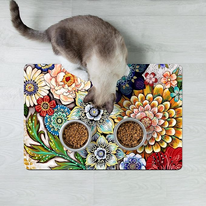 Rnivvi Dog Food Mat, 12" x 19" Flower Absorbent Dog Cat Bowl Mat for Food and Water, Cute Anti-Slip Rubber Pet Feeding Rug Protect Floors, Puppy Placemat for Feeding & Watering Supplies,Mandala Floral