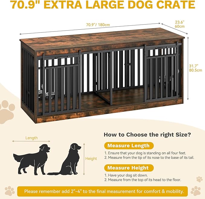 DWVO 71" Double Dog Crate Furniture for 2 Medium Dogs, Heavy Duty Wood Dual Dog Kennel TV Stand with Sliding Doors, Decorative Wooden 2 Dog Cage Table with Dog Bowls for Extra Large Dogs Rustic Brown
