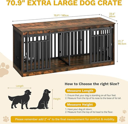 DWVO 71" Double Dog Crate Furniture for 2 Medium Dogs, Heavy Duty Wood Dual Dog Kennel TV Stand with Sliding Doors, Decorative Wooden 2 Dog Cage Table with Dog Bowls for Extra Large Dogs Rustic Brown