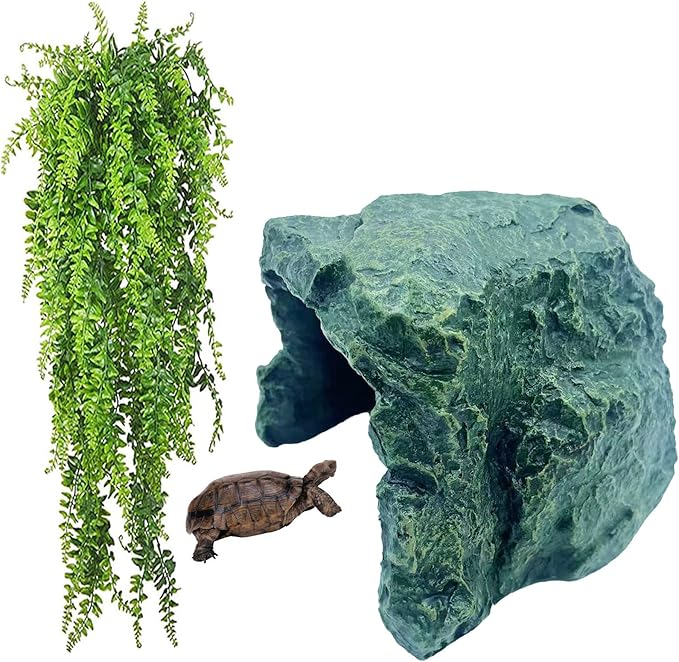 kathson Reptile Rock Hideout Cave,Tortoise Hide Caves,Resin Hides Shelter,Reptile Green Plant Decoration Habitat Decor Terrarium Accessories for Lizards Bearded Dragon Gecko Turtles Spiders