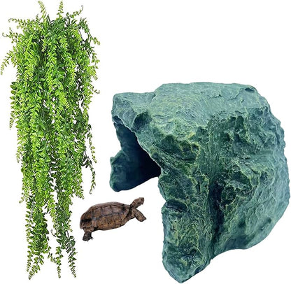 kathson Reptile Rock Hideout Cave,Tortoise Hide Caves,Resin Hides Shelter,Reptile Green Plant Decoration Habitat Decor Terrarium Accessories for Lizards Bearded Dragon Gecko Turtles Spiders