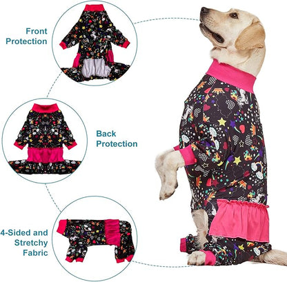 LovinPet Large Breed Dog Pajamas, Wound Care/Post Surgery Recovery Shirt for Large Dogs, Unicorn and Rainbow Black Print, Stop Shedding for Dogs, Pitbull Clothes, Bodysuit Dog Jammies, M