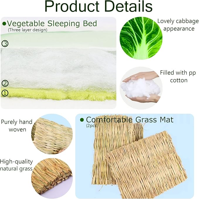 kathson Bunny Bed Guinea Pig Warm Bed with Grass Mat Rabbit Warm Fleece Sleep Pad Small Animal Cages Sleeping Mat Sleep Bed for Squirrel Chinchilla Hedgehog Hamster Cat