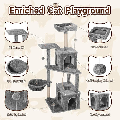 Cat Tree, 54-Inch Cat Tower for Indoor Cats,Plush Multi-Level Cat Condo with Scratching Posts, Basket, Perches,2 Caves,2 Pompoms(Gray)